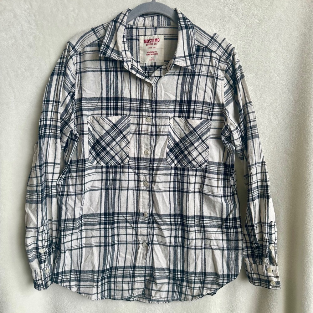 Mossimo Supply Co. Cream Black Plaid Boyfriend Fit Flannel Button Down Shirt Med